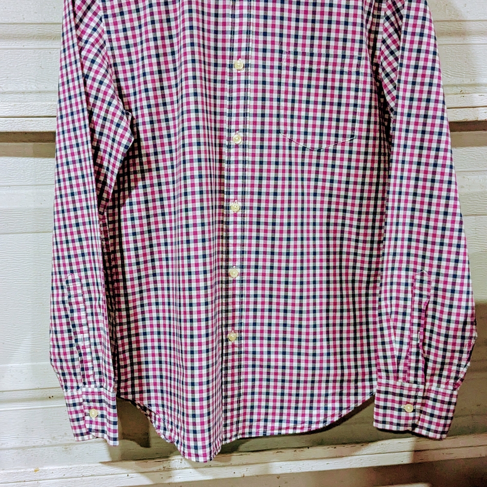 J Crew Mens Size M Button Up Shirt Slim   Blue Pink Check Long Sleeve Cotton EUC